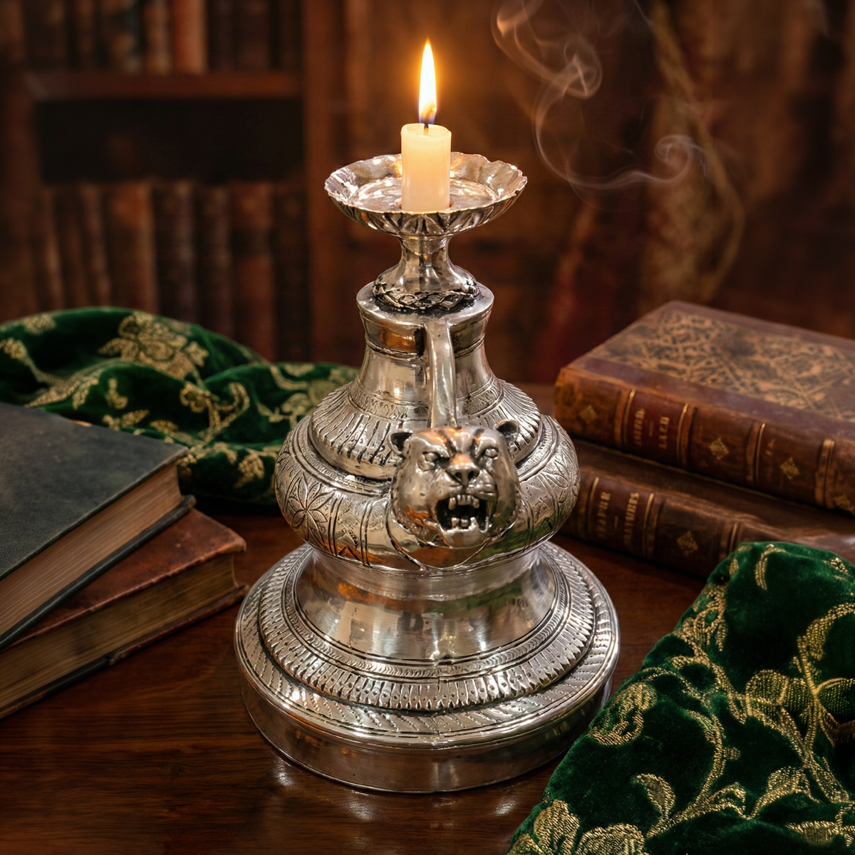 Tiger Head Engraved Silver Candle Stand
