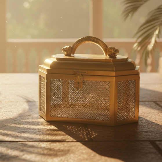 Golden Jaali Box with Lion Handle
