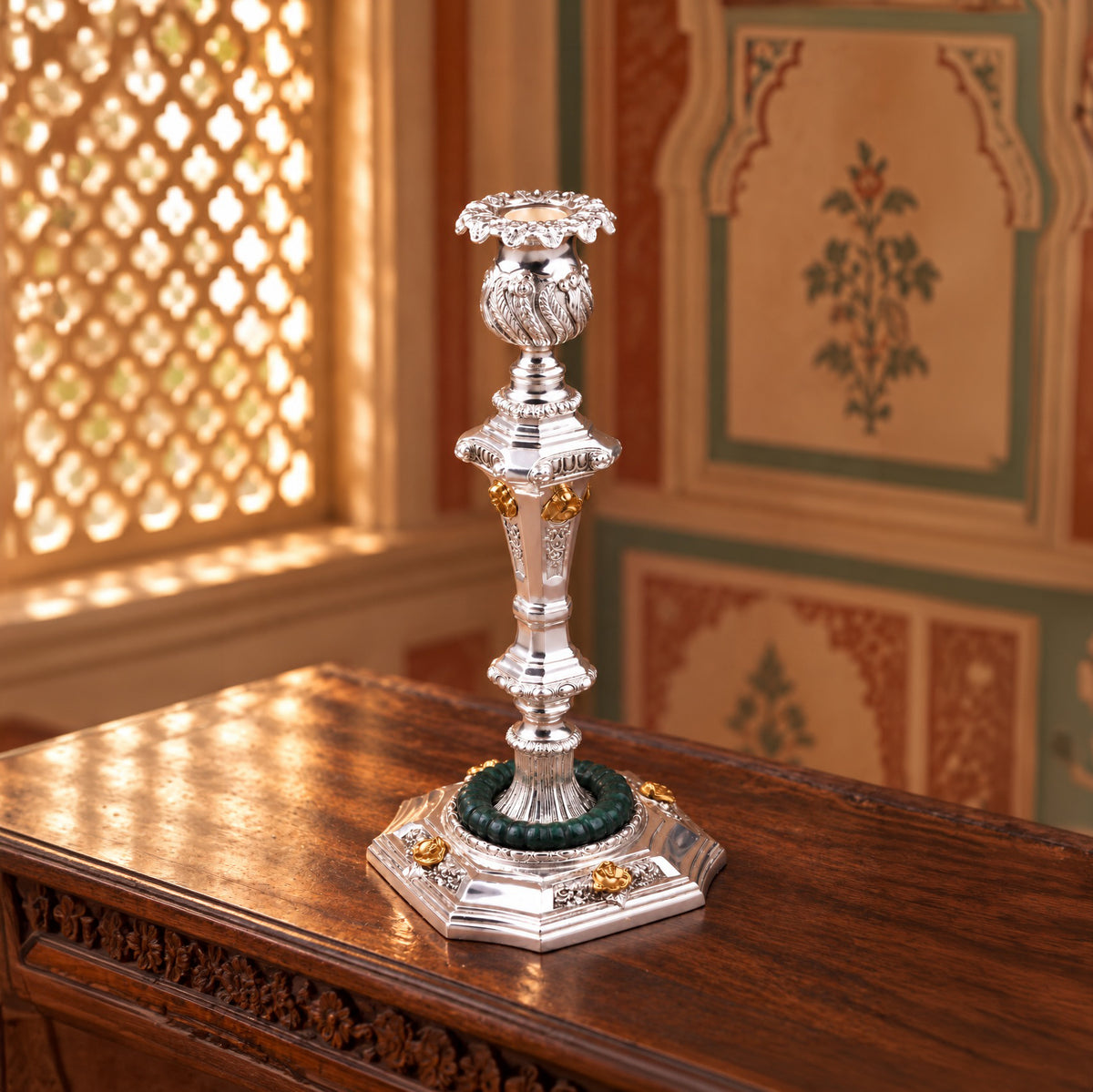 Silver Candlestick with Gold Roses & Green Stone