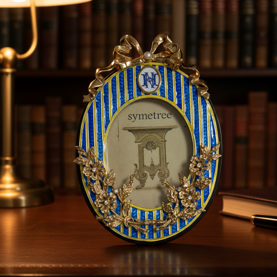Oval Blue Enamel Photo Frame – Gold Ribbon Bow
