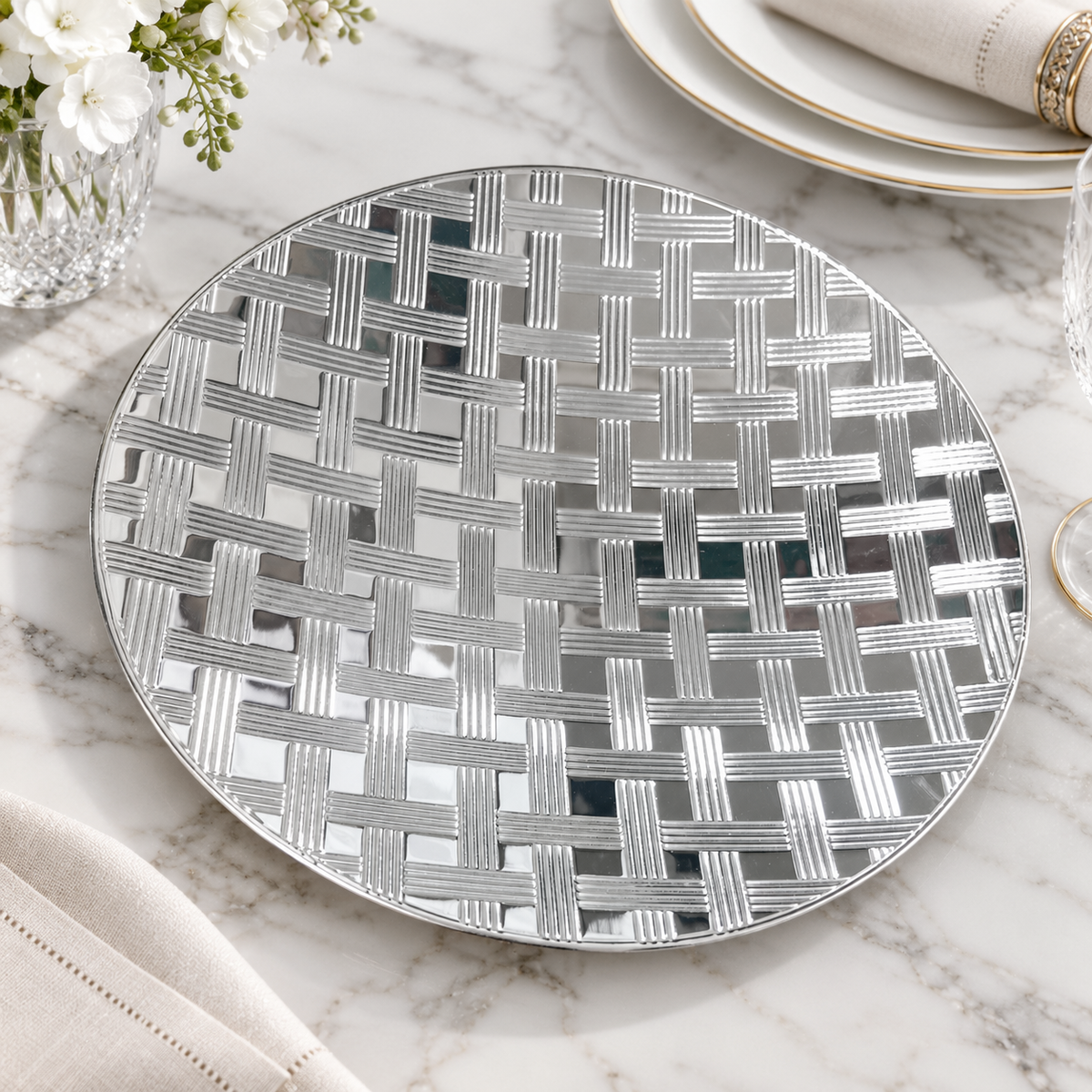 Basketweave Silver Round Charger Plate