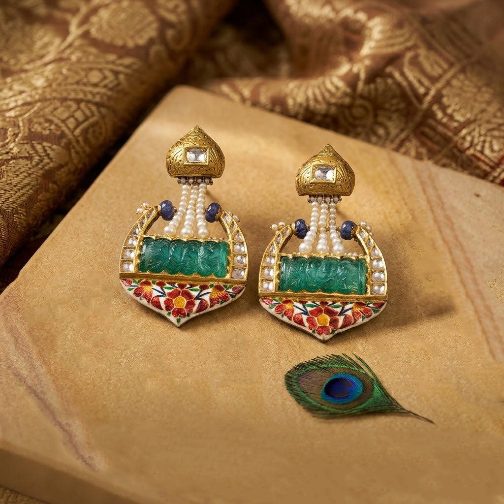 Kundan Coral Shield Drop 18K Earrings