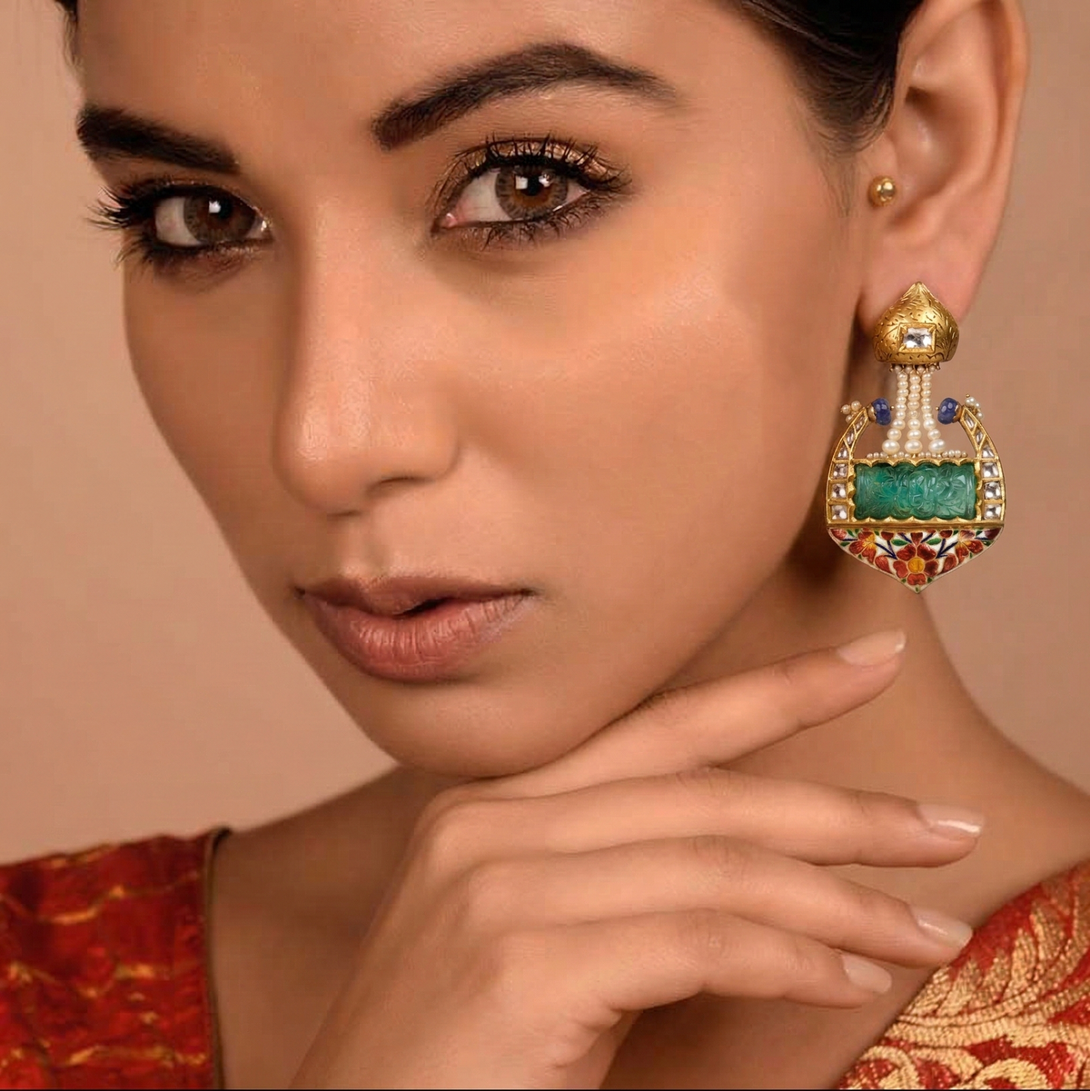 Kundan Coral Shield Drop 18K Earrings