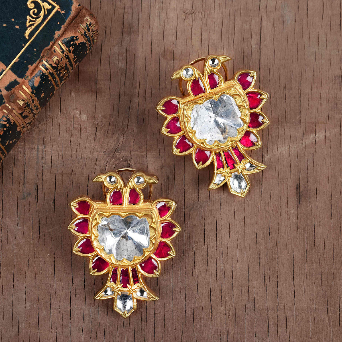 Polki Diamond & Ruby Peacock Gold Earrings