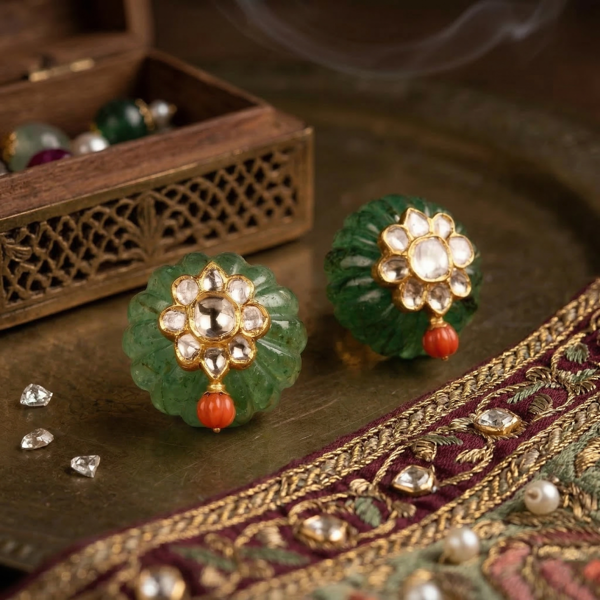 Carved Emerald Kundan Stud 18K Earrings
