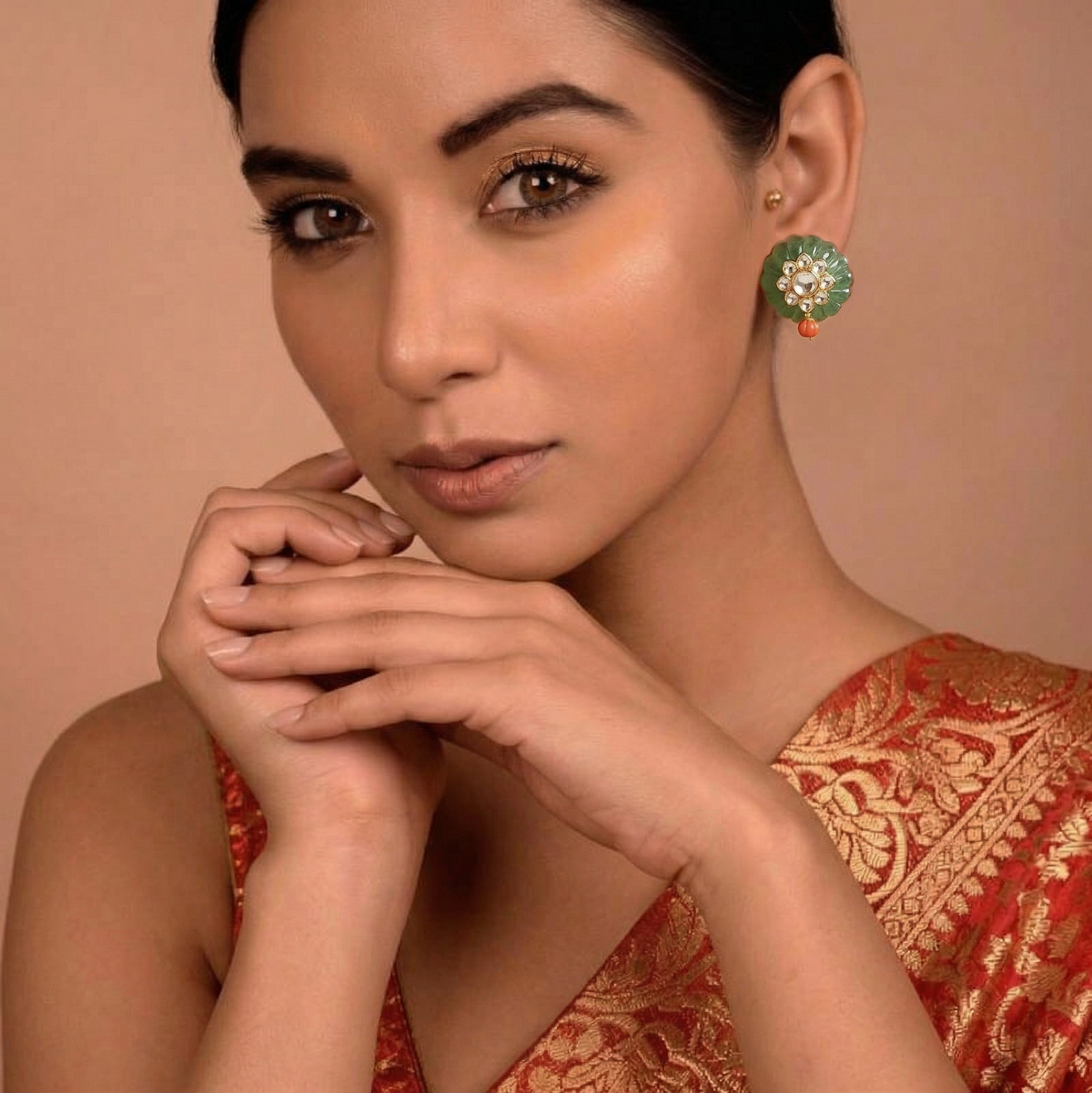 Carved Emerald Kundan Stud 18K Earrings