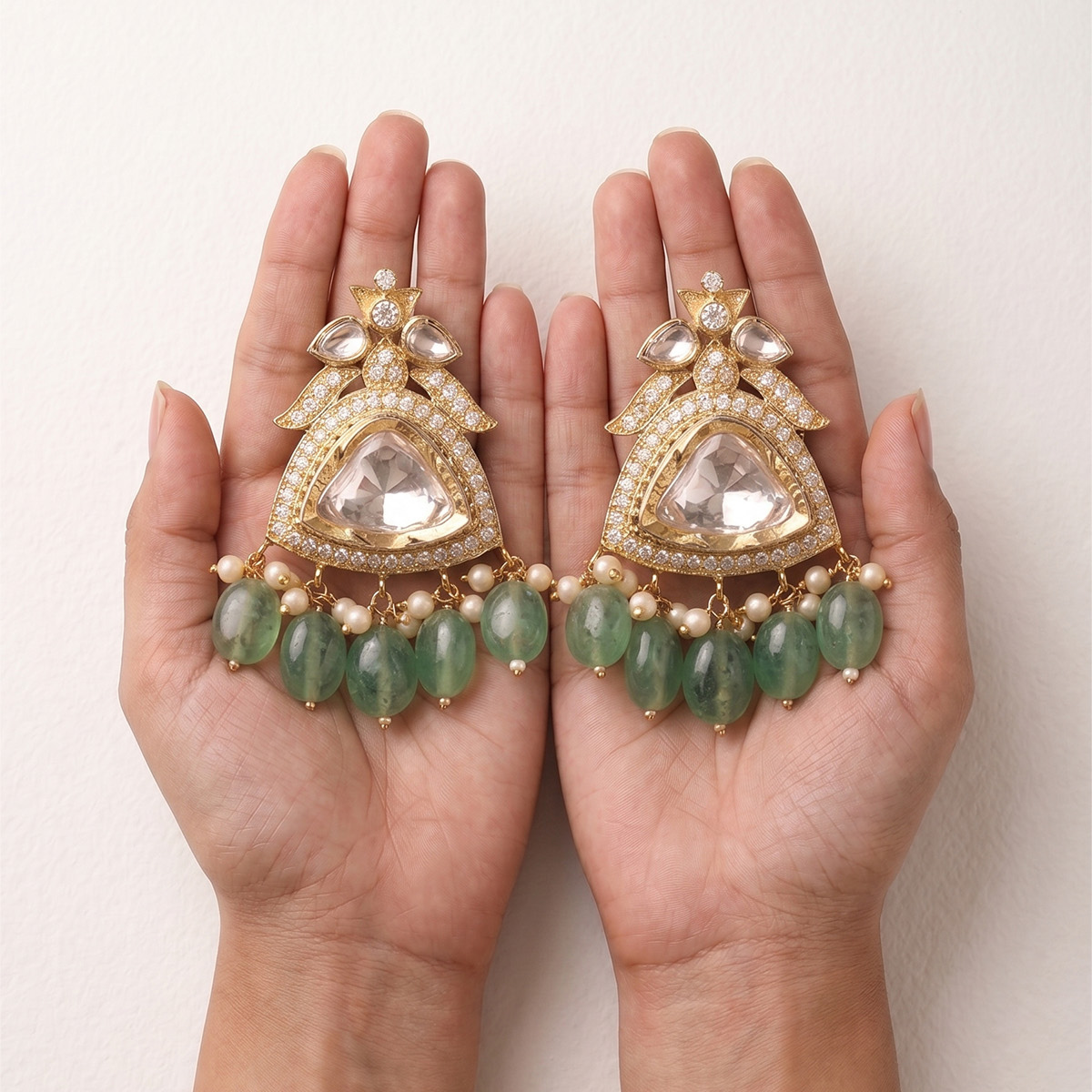 Polki, Emerald Bead & Pearl Fringe Earrings