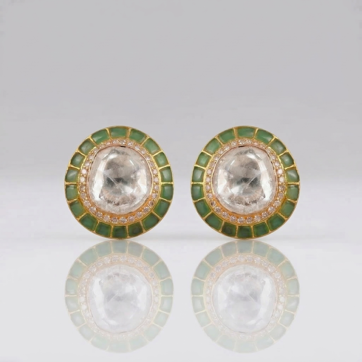 Green Kundan Halo Stud 18K Earrings
