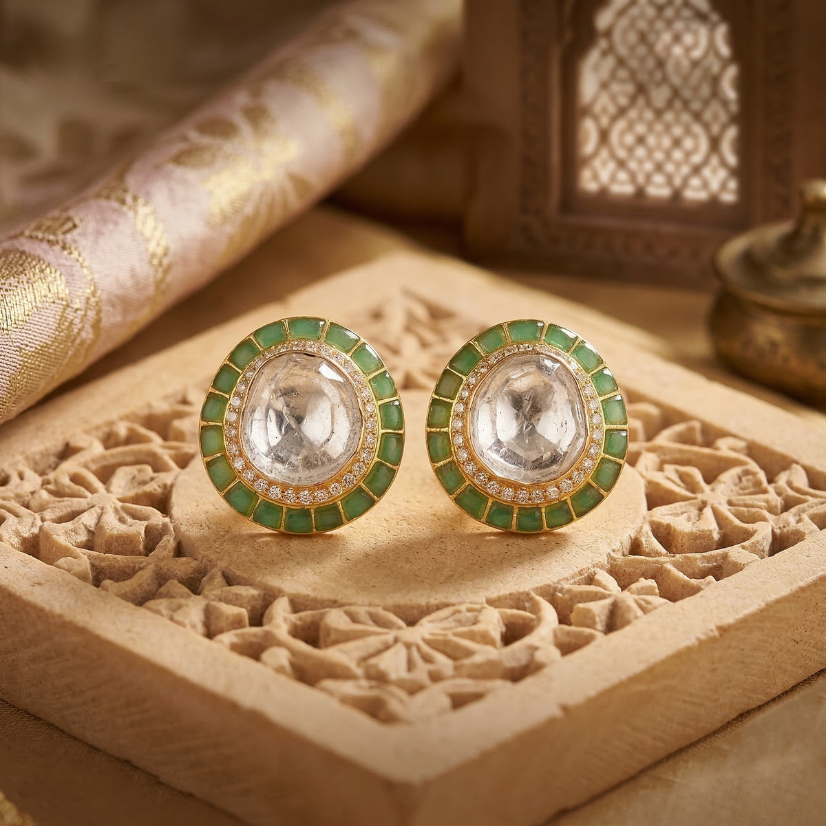Green Kundan Halo Stud 18K Earrings