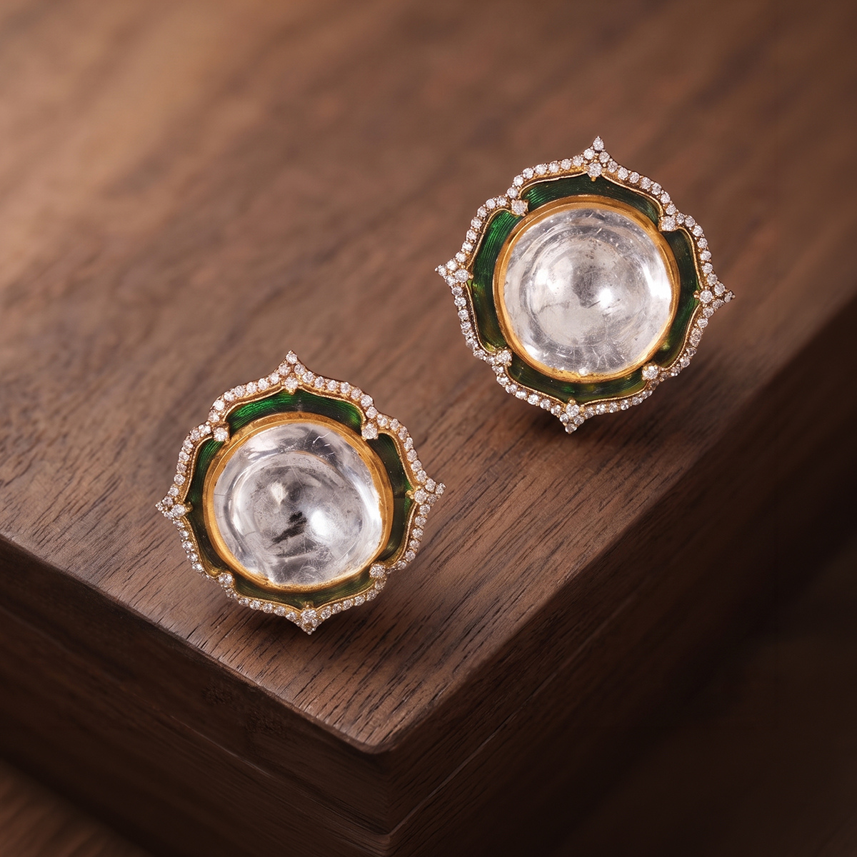 Crystal Cabochon, Enamel & Diamond Stud Earrings