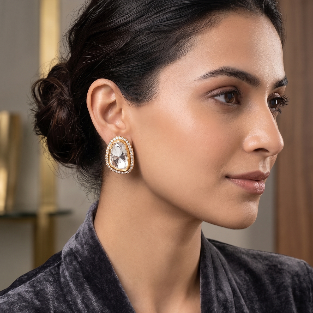 Polki Diamond Halo Stud Earrings