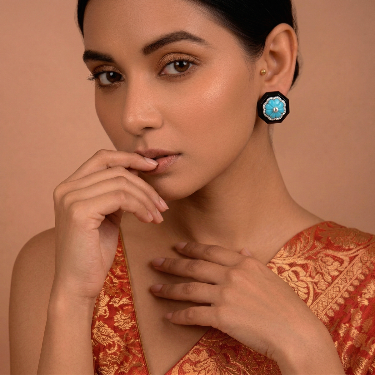 Turquoise Oxidized Octagon 14K Earrings