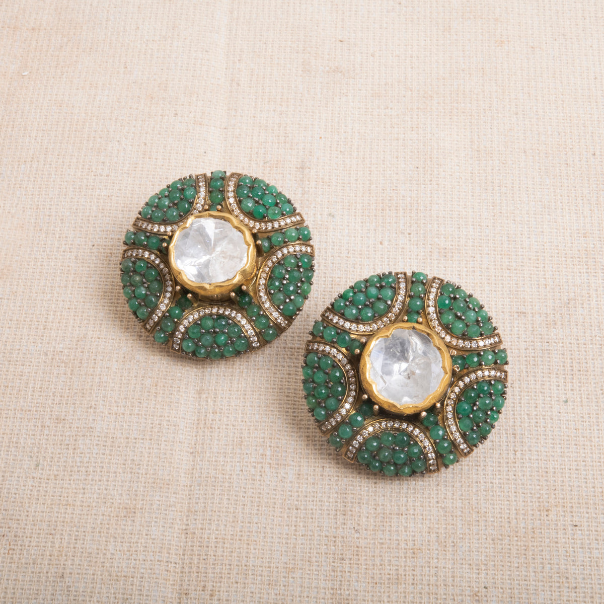 Polki, Emerald Bead & Diamond Round Earrings