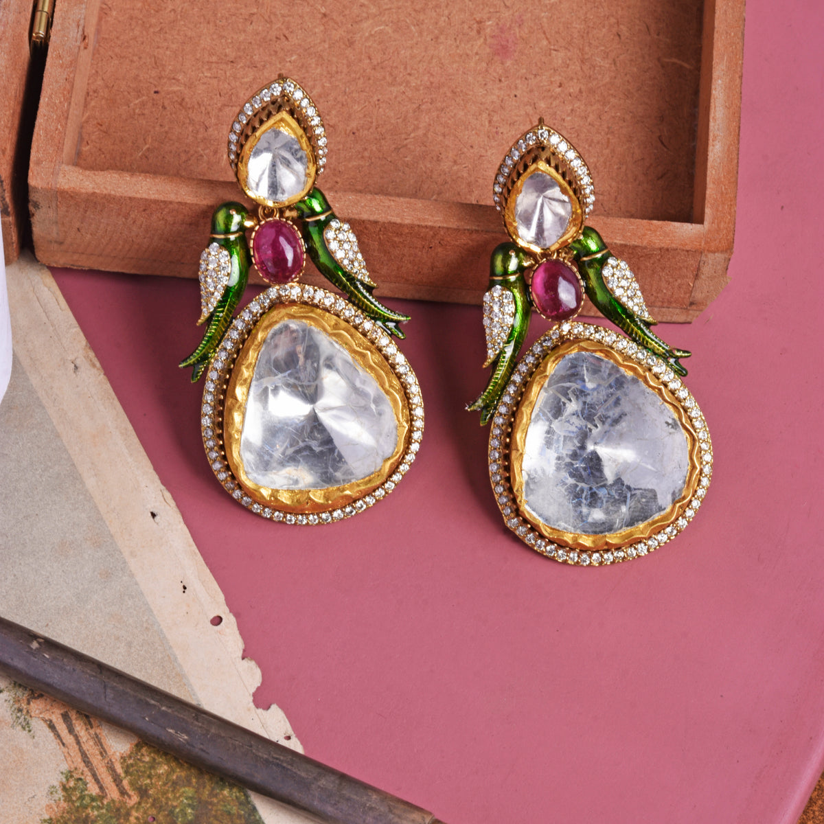 Polki, Enamel Parrot & Ruby Drop Earrings