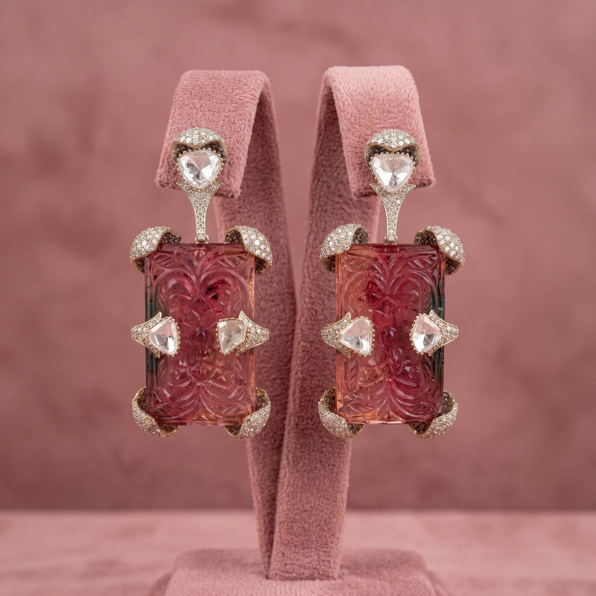 Carved Tourmaline Polki Diamond Earrings