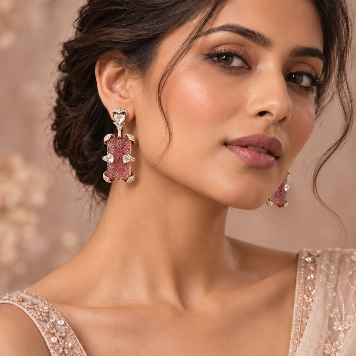 Carved Tourmaline Polki Diamond Earrings