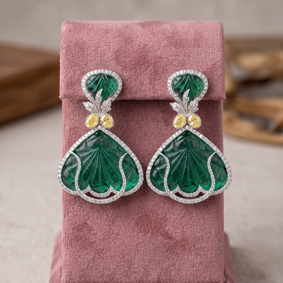 Carved Emerald Fan Diamond Drop Earrings