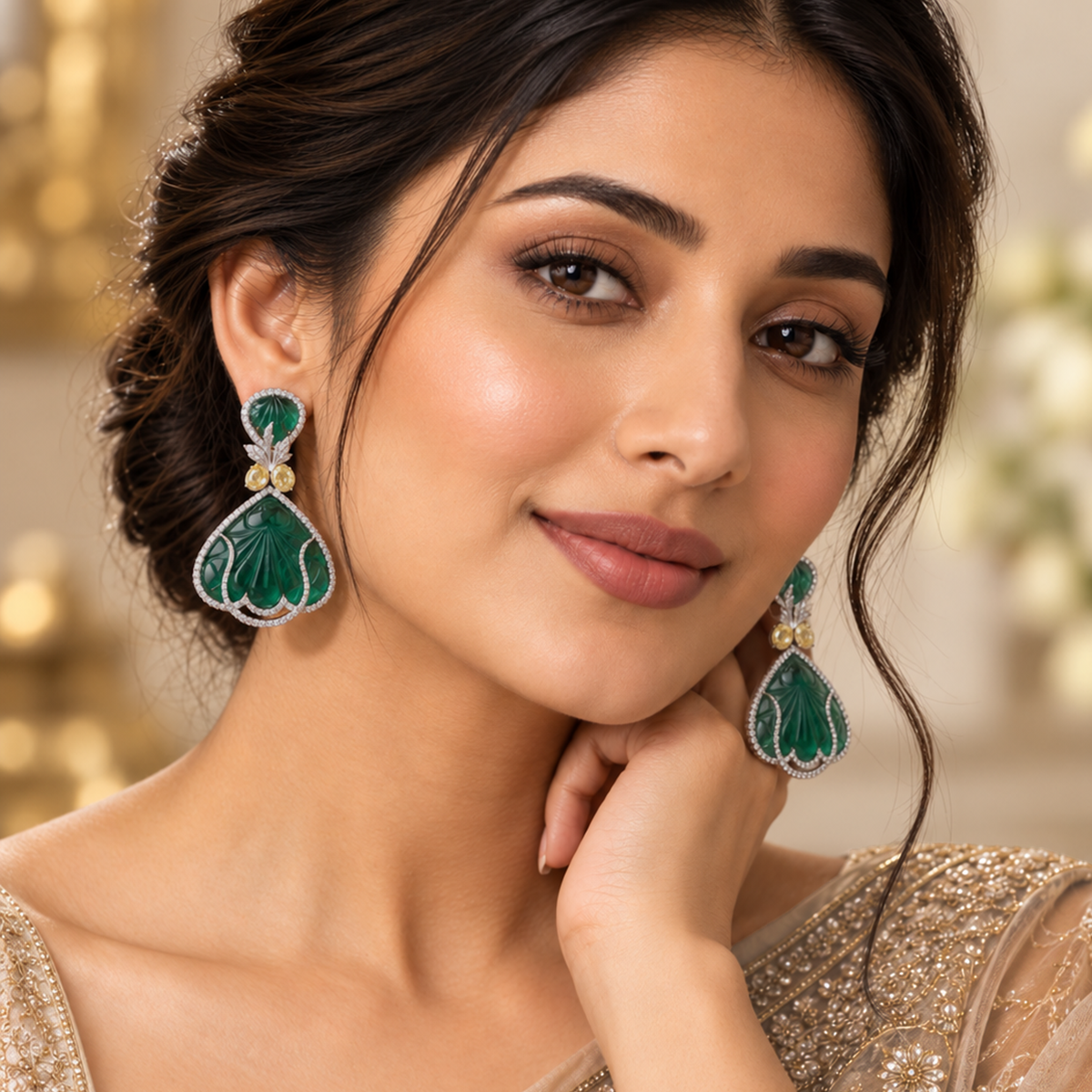 Carved Emerald Fan Diamond Drop Earrings