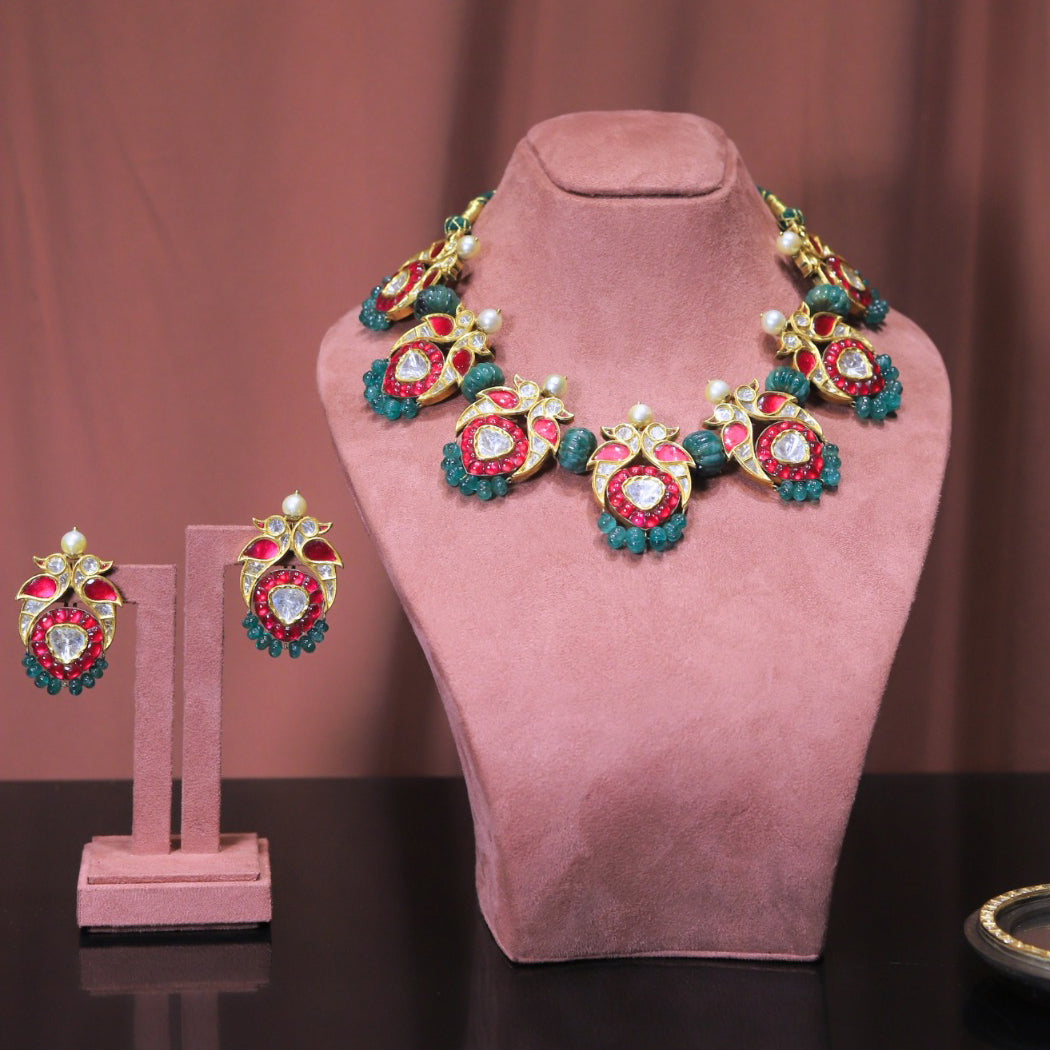 Polki, Ruby & Emerald Bead Peacock Necklace Set