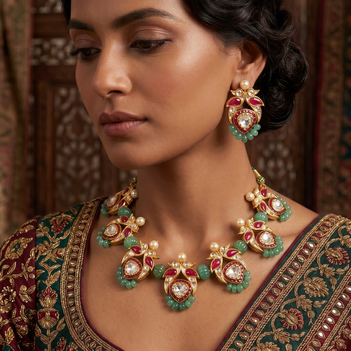 Polki, Ruby & Emerald Bead Peacock Necklace Set