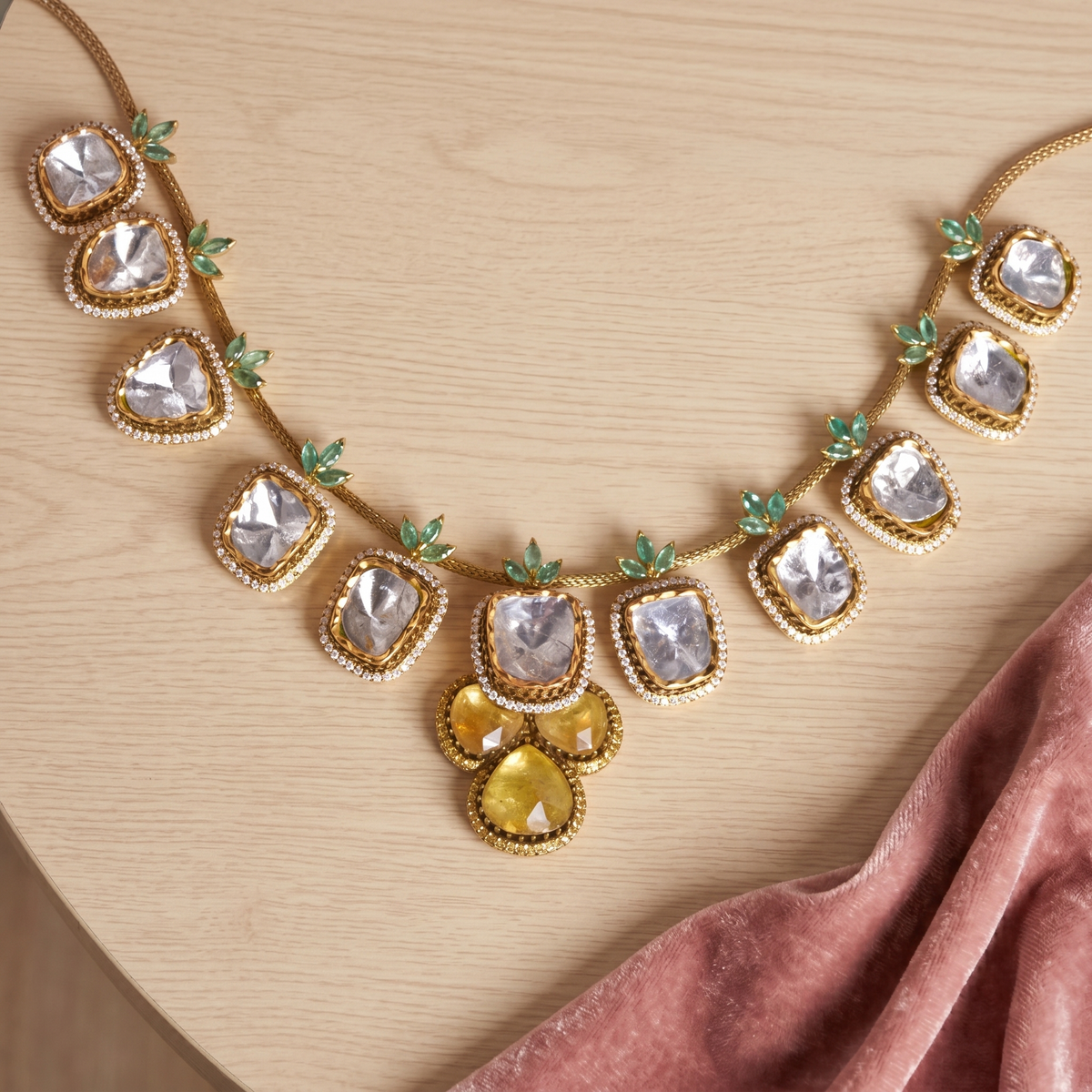 Polki-Style Gemstone & Emerald Leaf Gold Necklace