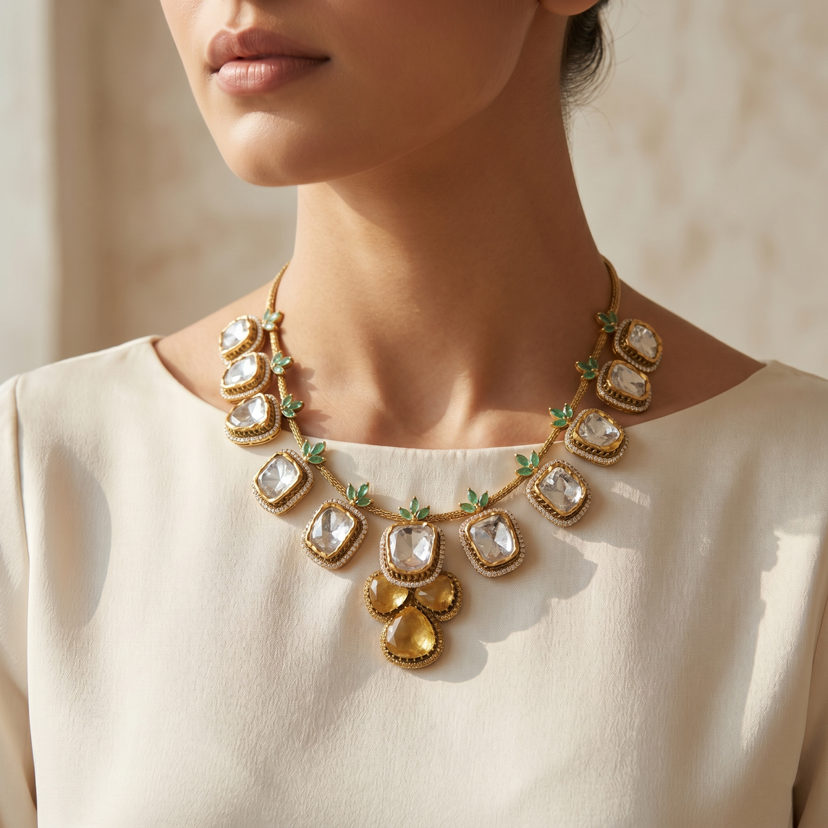 Polki-Style Gemstone & Emerald Leaf Gold Necklace