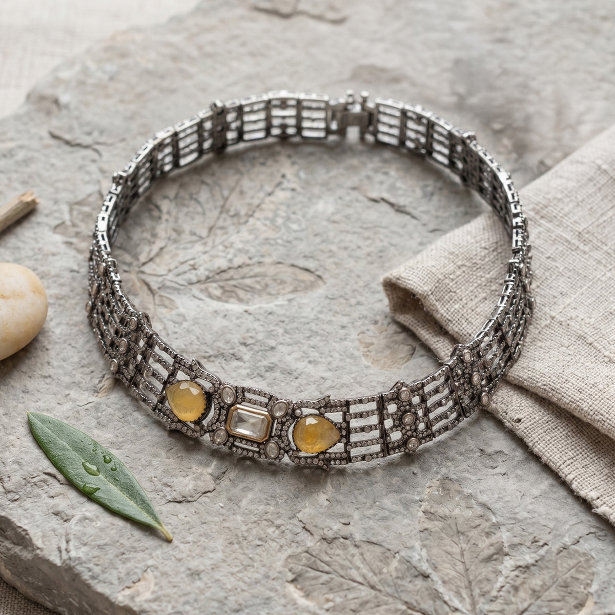 Oxidized Silver Amber Choker