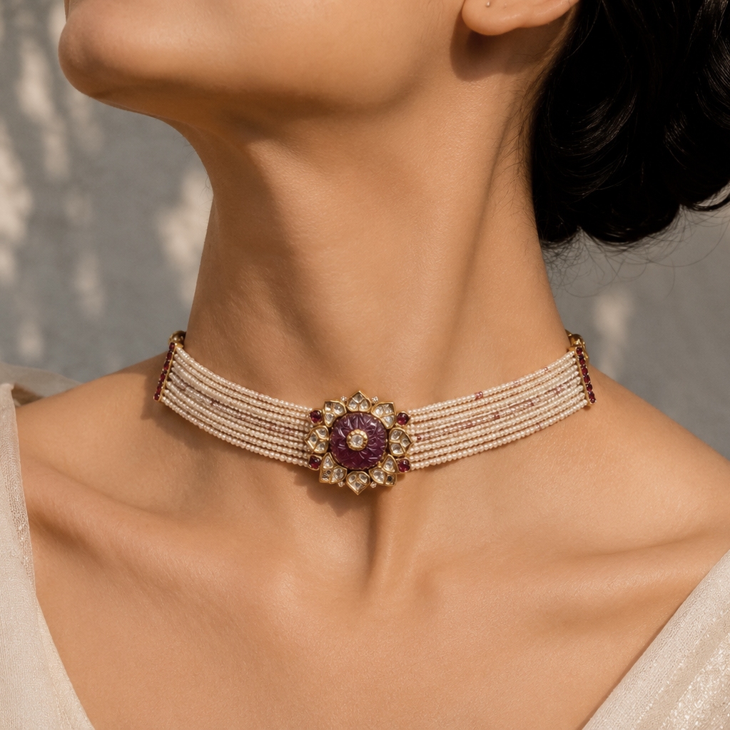 Floral Gemstone Pearl Choker