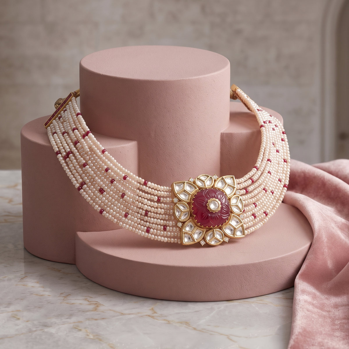 Floral Gemstone Pearl Choker