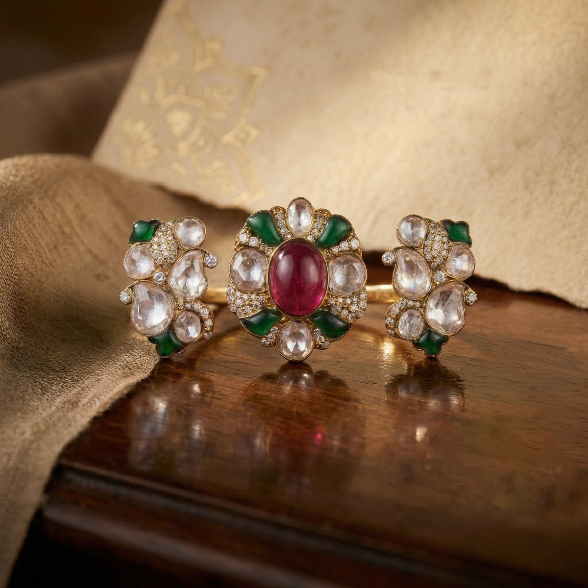 Pink Tourmaline Moissanite Polki Statement Ring