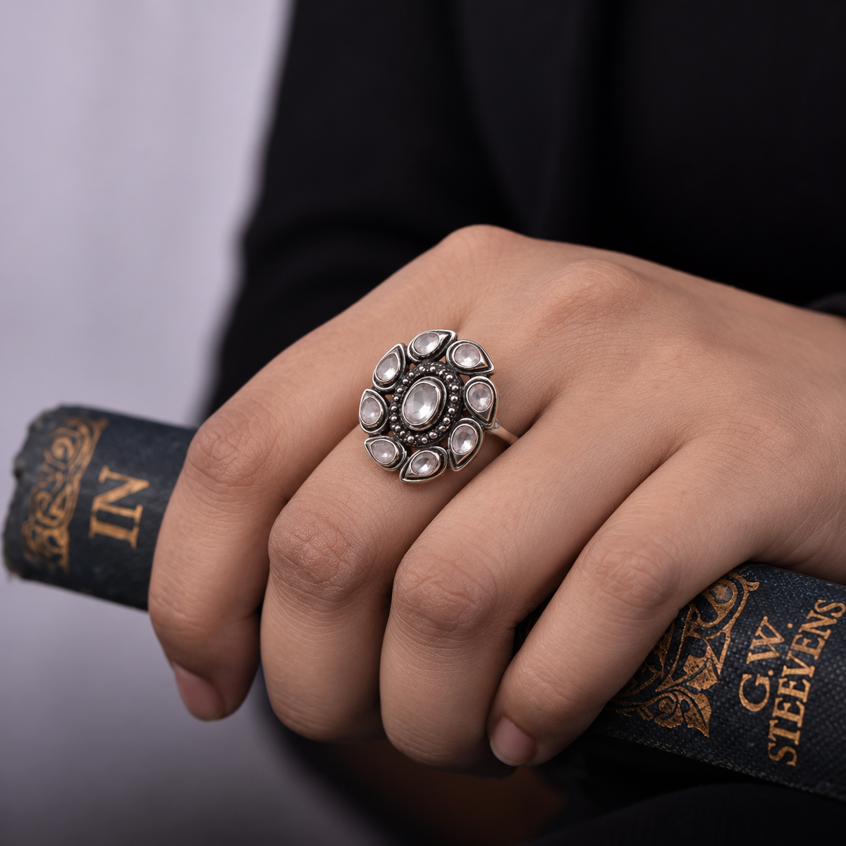 Oxidised Silver Polki Diamond Floral Ring