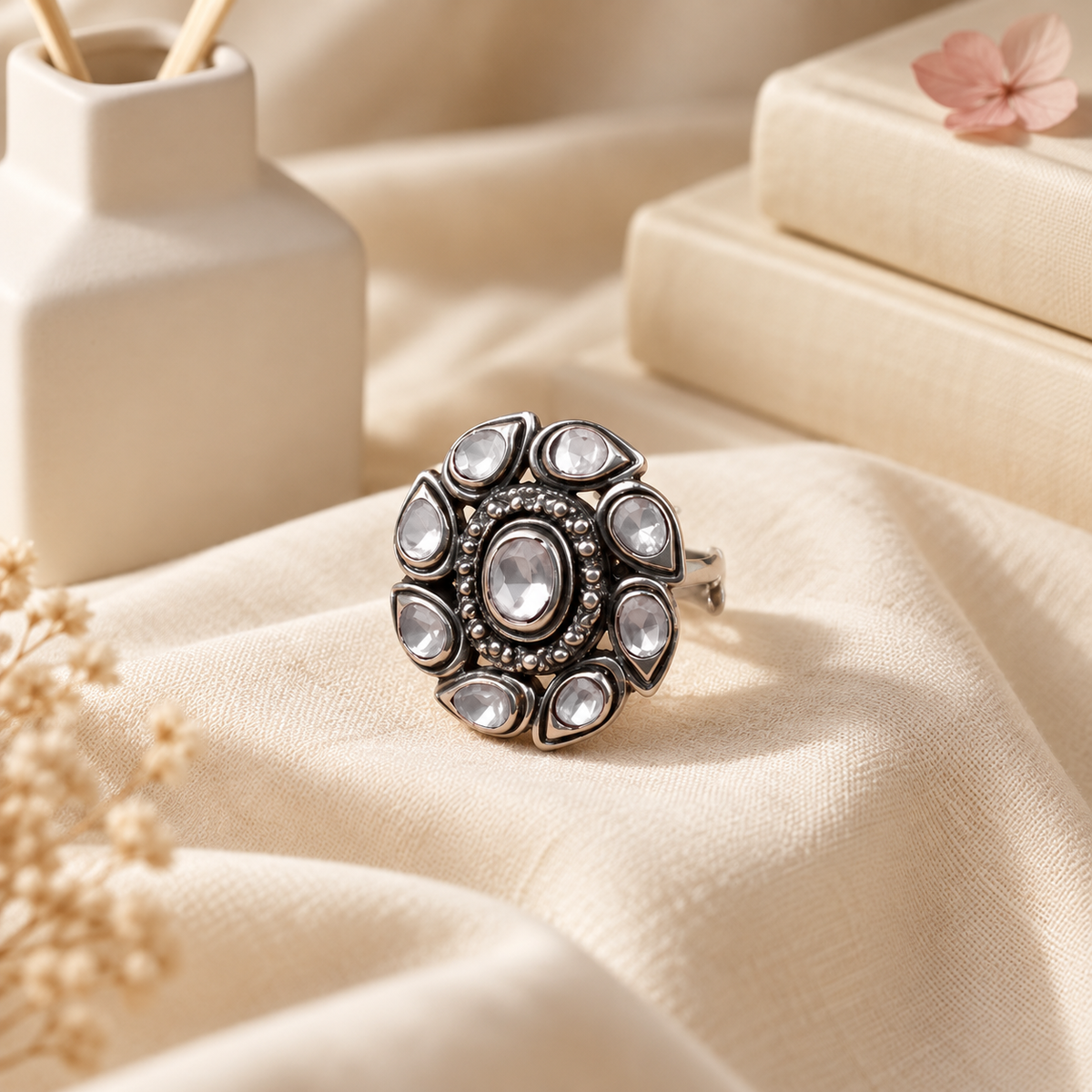 Oxidised Silver Polki Diamond Floral Ring