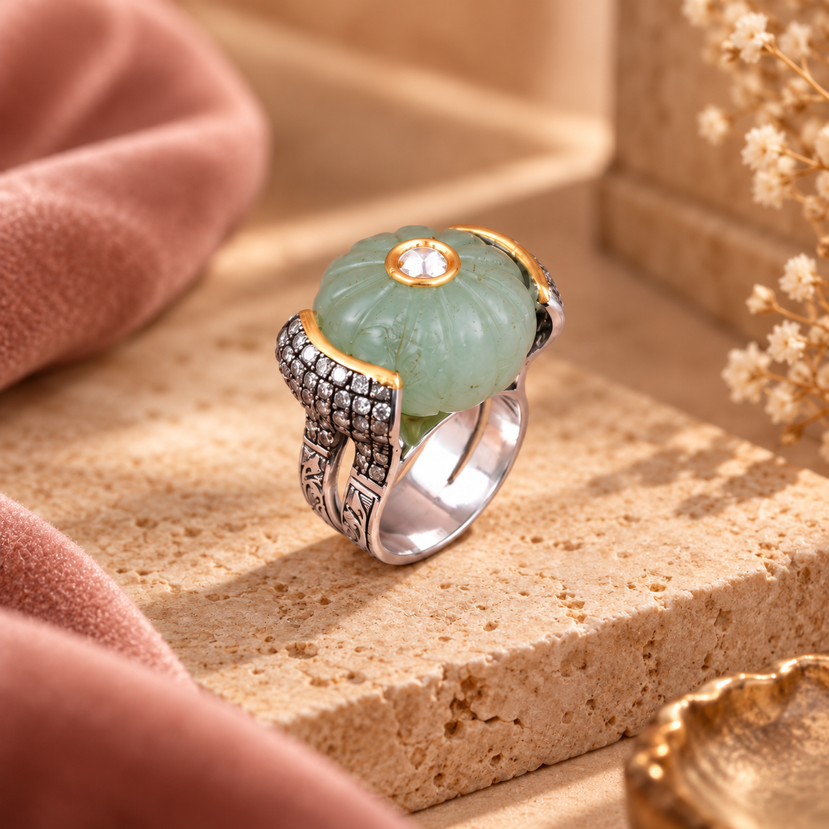 SILVER WITH DIAMONDS AND CARVED EMERALD