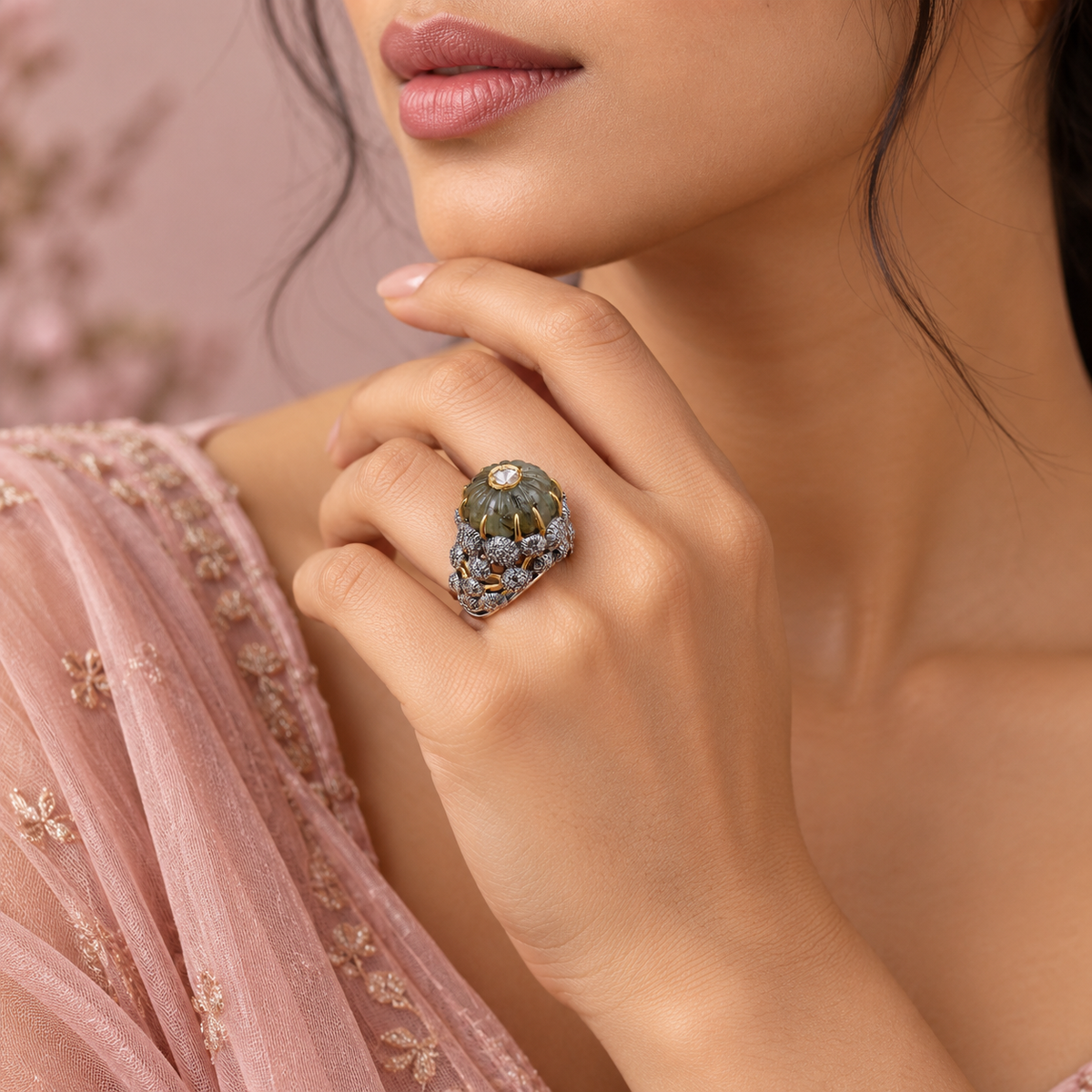 Carved Emerald Diamond Cluster Cocktail Ring