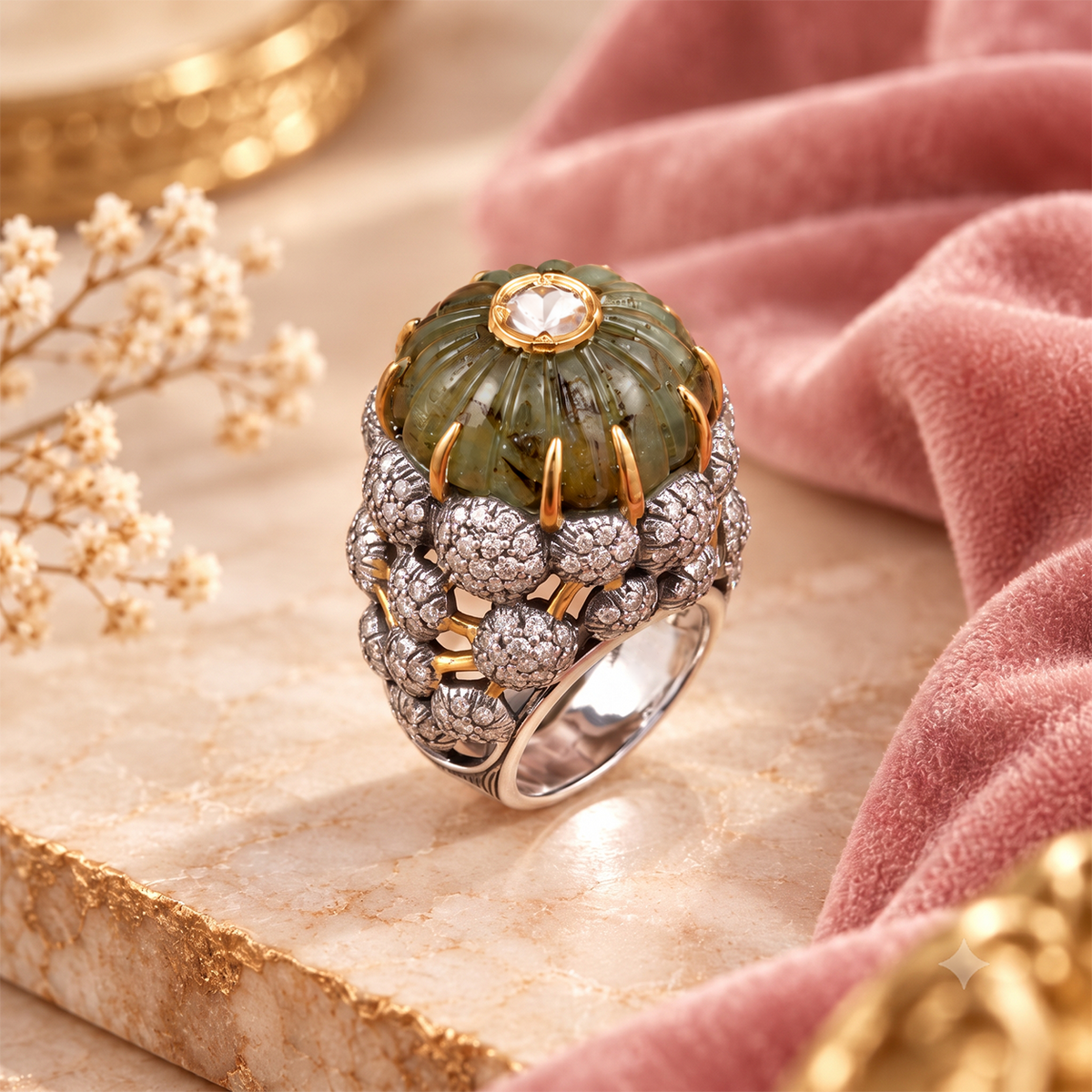 Carved Emerald Diamond Cluster Cocktail Ring