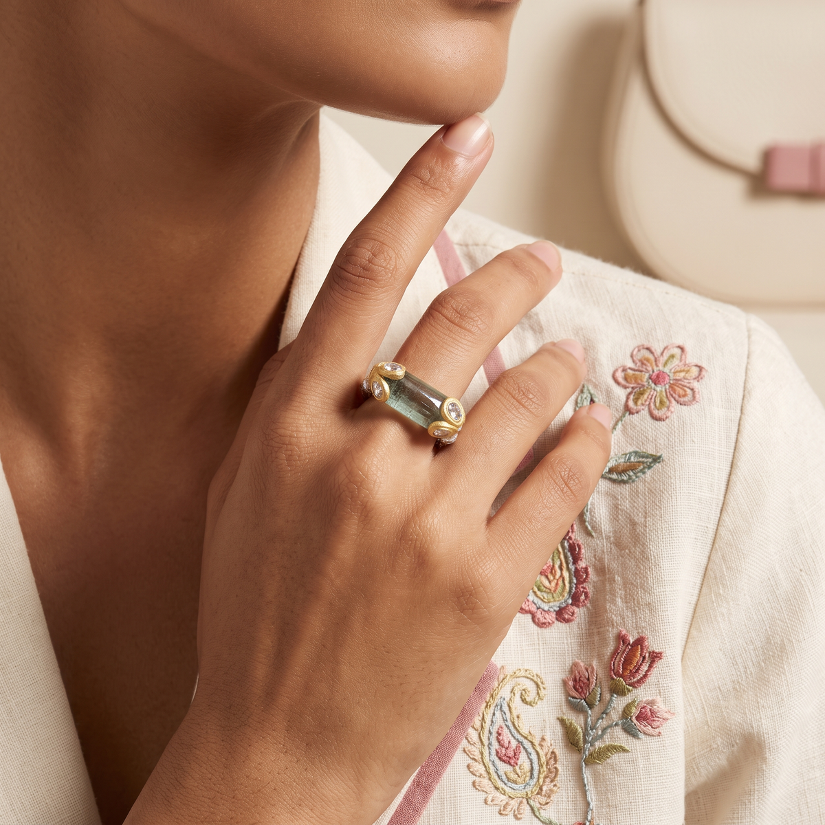 East-West Emerald Polki Silver Ring