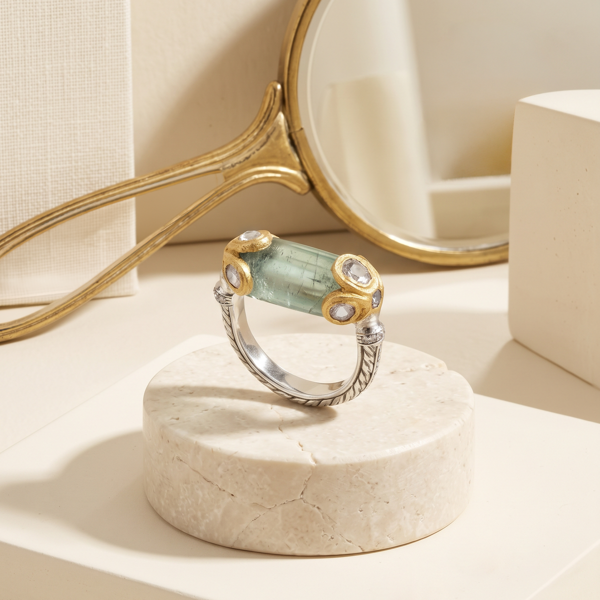 East-West Emerald Polki Silver Ring