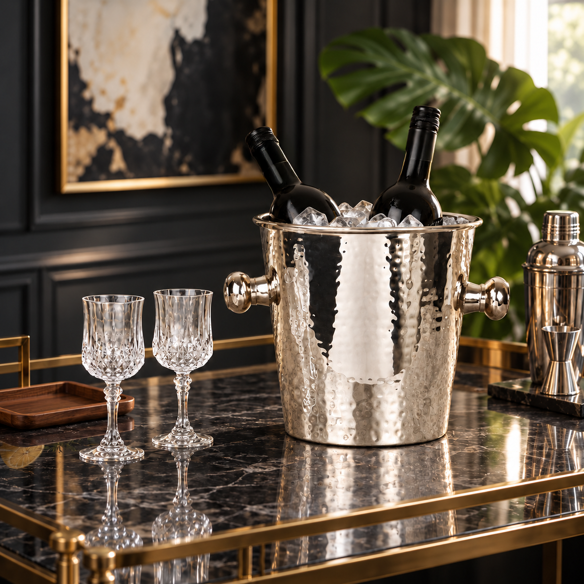 Hammered Silver Wine Bucket with Knob Handles