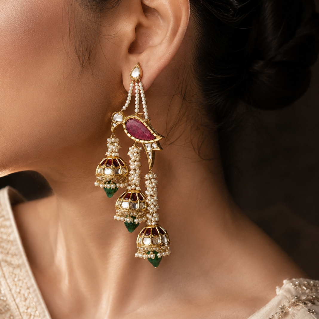 Kundan Bird & Triple Jhumka Pearl Earrings
