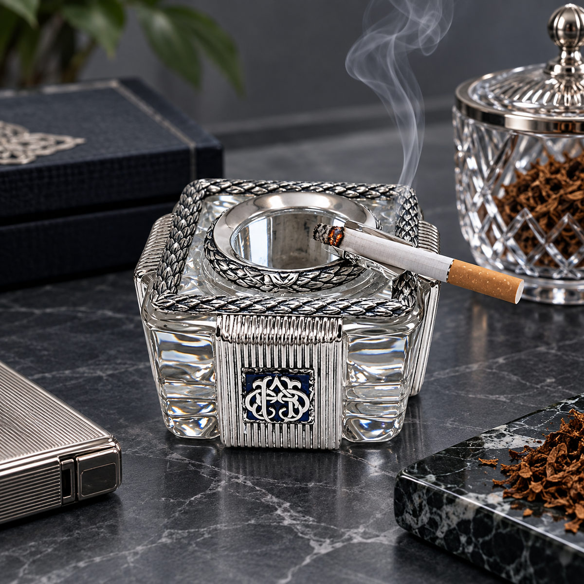 Crystal and Silver Monogram Ashtray