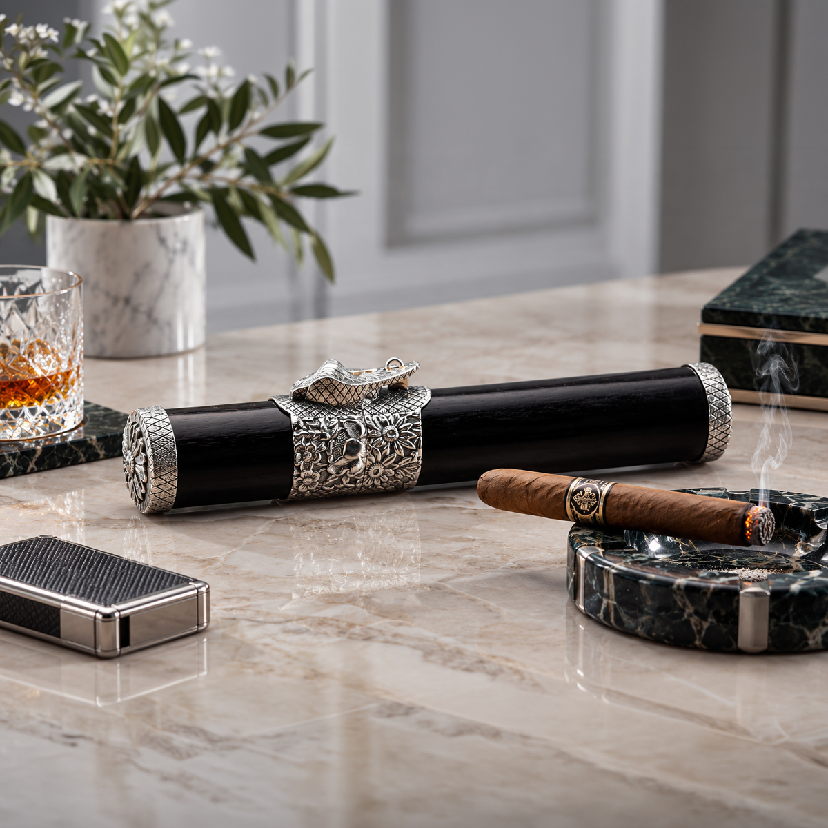Silver Crocodile Black Wood Cigar Tube