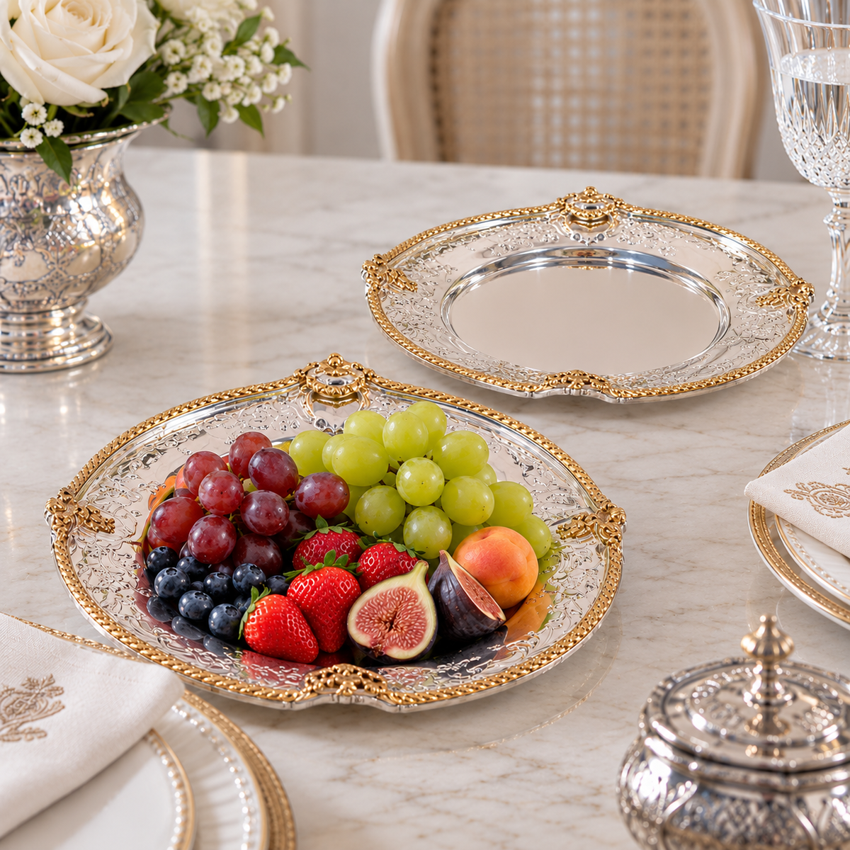 Silver & Gold Engraved Dining Plates
