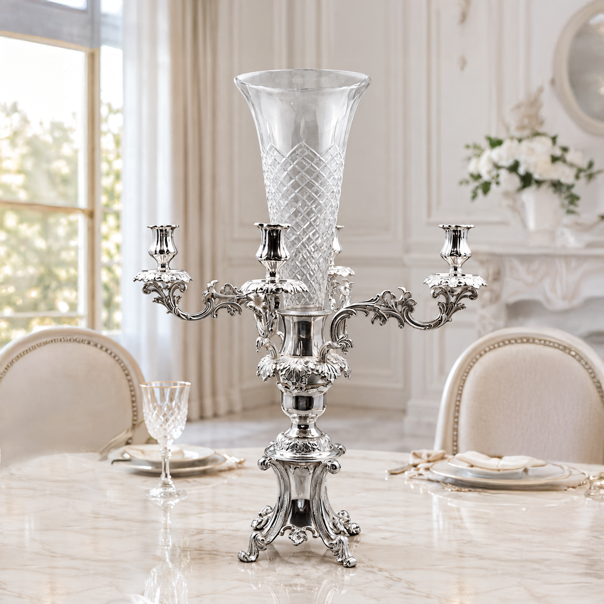 4-Arm Silver Candelabra with Crystal Vase