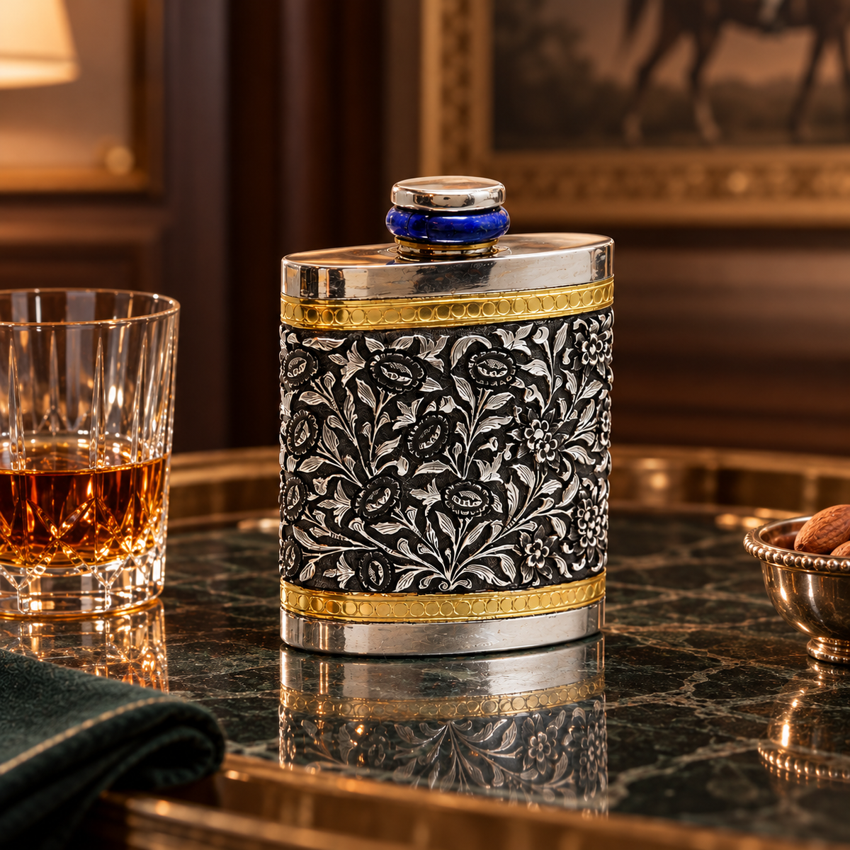 Floral Repoussé Silver Hip Flask