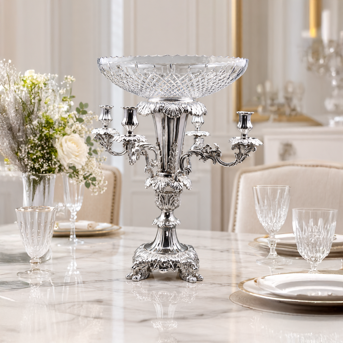 4-Arm Silver Candelabra with Crystal Bowl