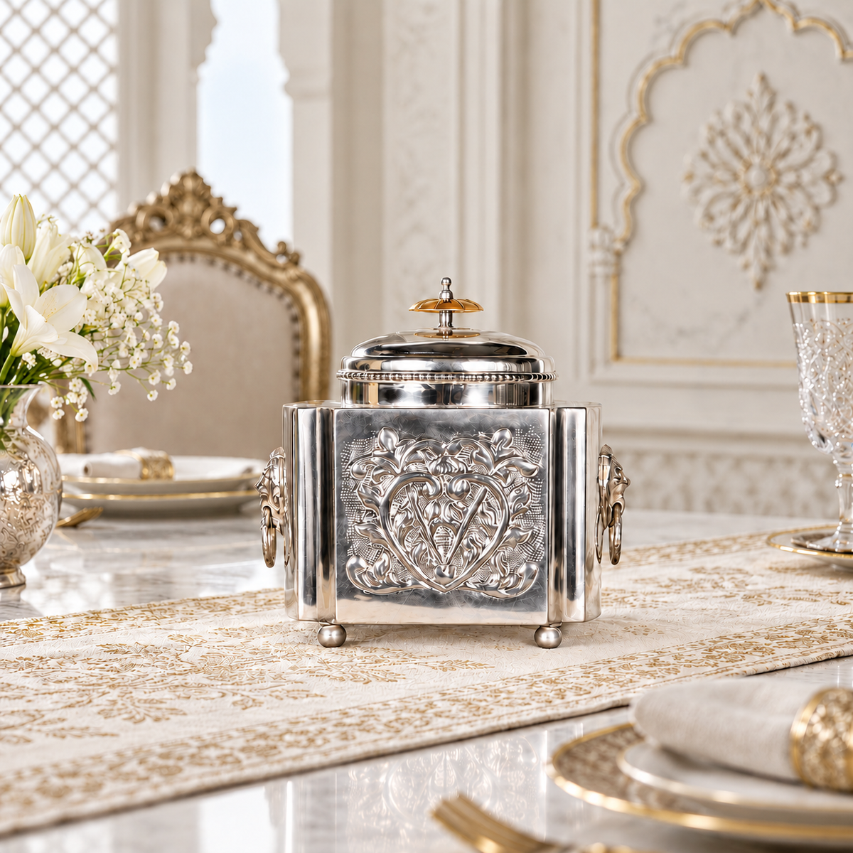 Repoussé Silver Utility Box with Lion Handles