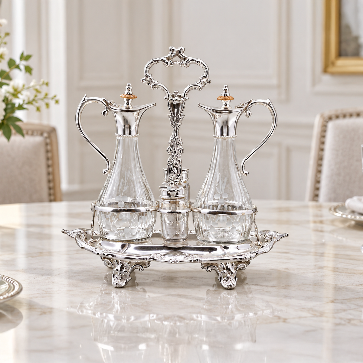Silver Cruet Set with Etched Glass Jugs