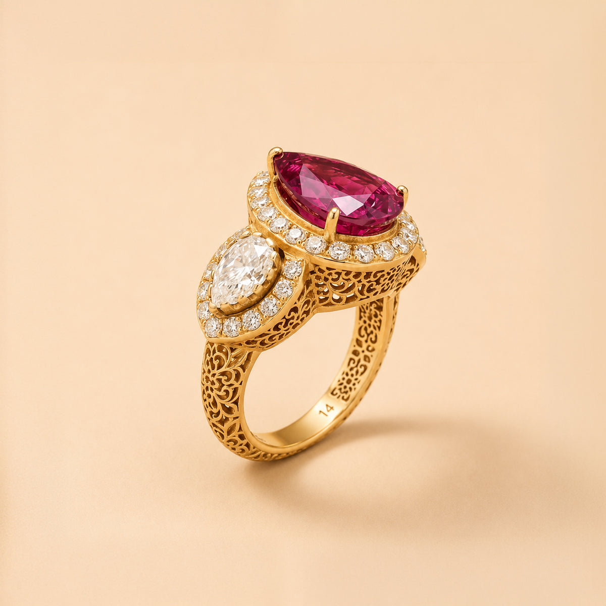 Pink tourmaline & polki Filigree 14k Ring