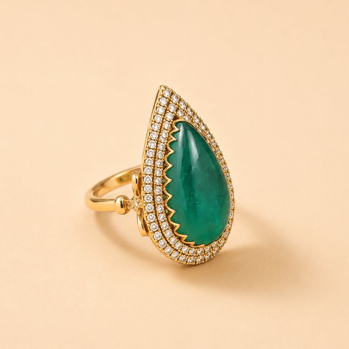 Emerald Teardrop Double Halo Gold-Tone Ring