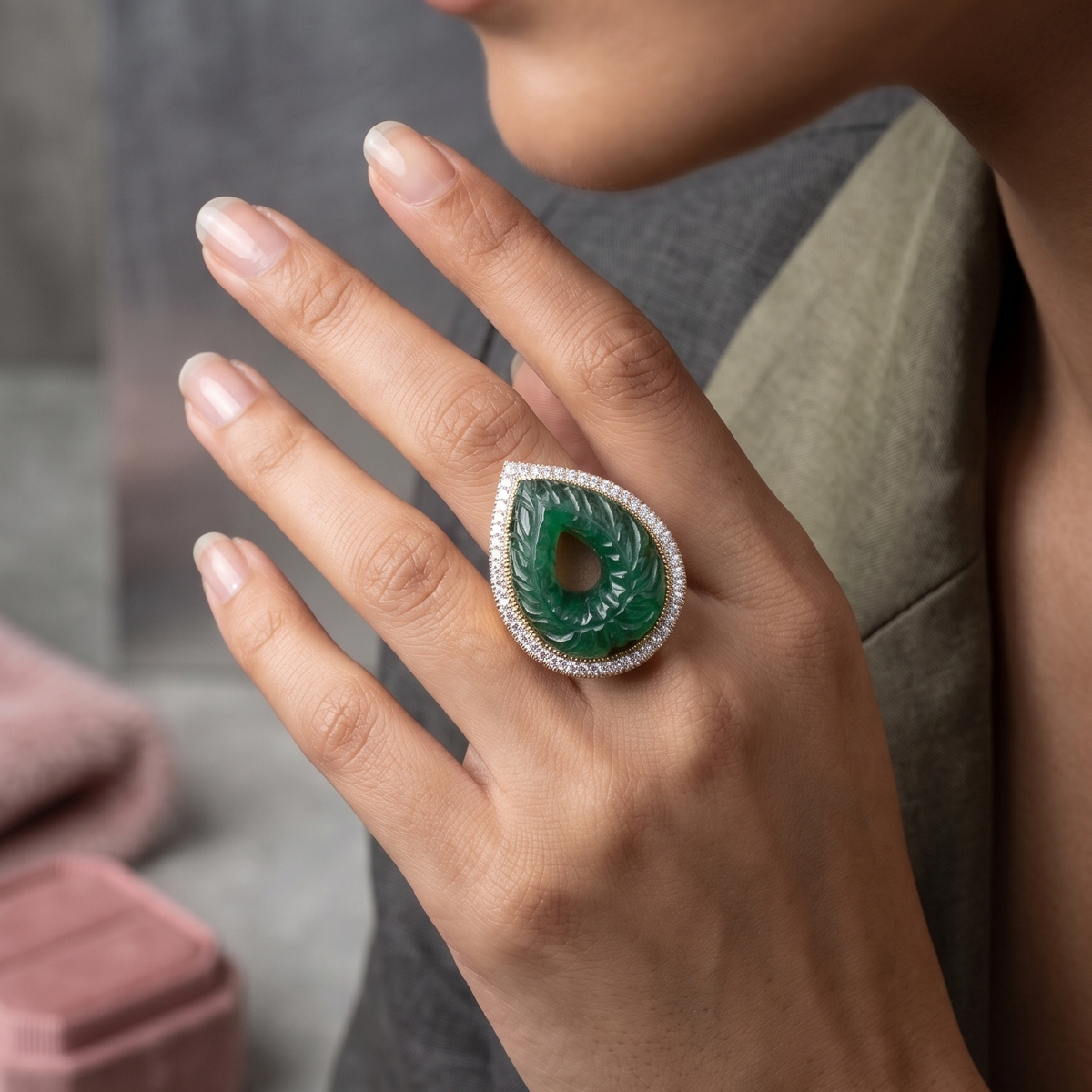 Carved Emerald Diamond 18k Ring
